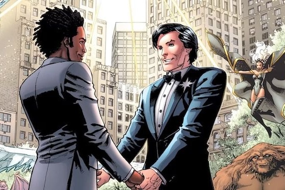 A comic book drawing of two men about to be married.