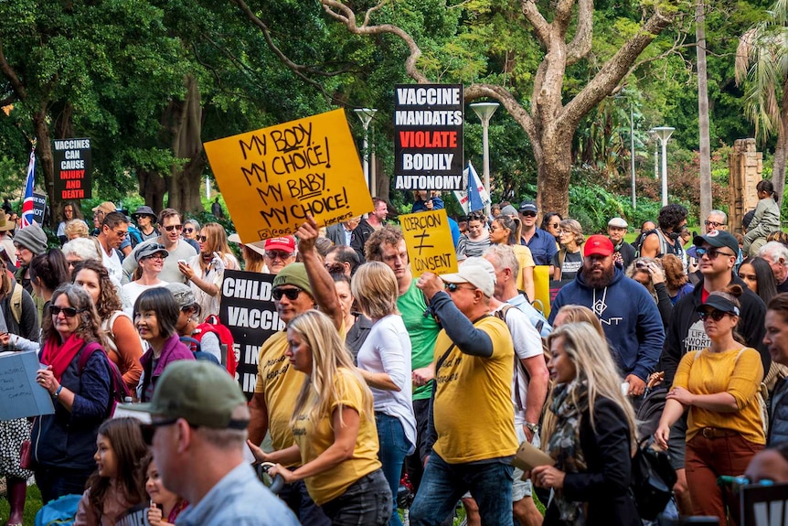 Protesters attend a rally against mandatory vaccinations in Sydney's Hyde Park on Saturday.