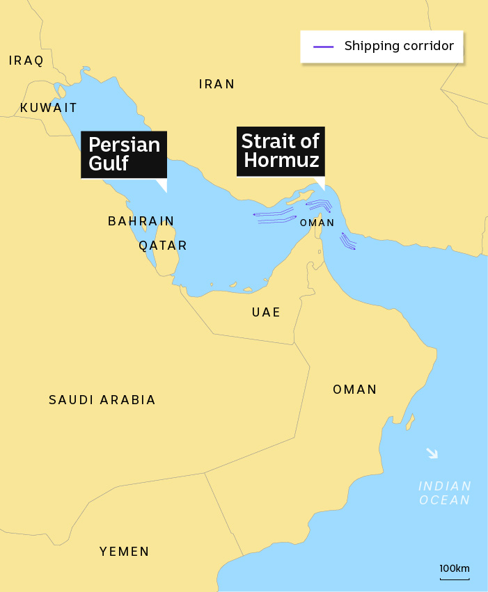 Map showing shipping corridor in Strait of Hormuz