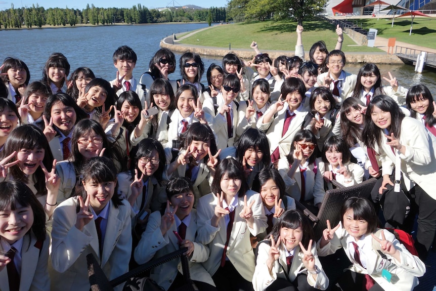 Ichijo High School band outside the National Museum of Australia in Canberra.