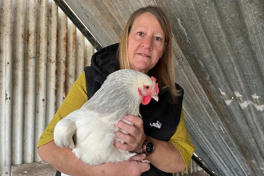 A woman holding a hen.