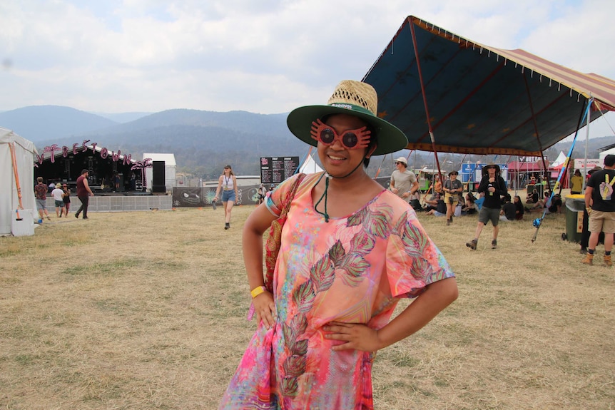 Melbourne man Tim Vega standing near a circus tent at the Party in the Paddock Festival