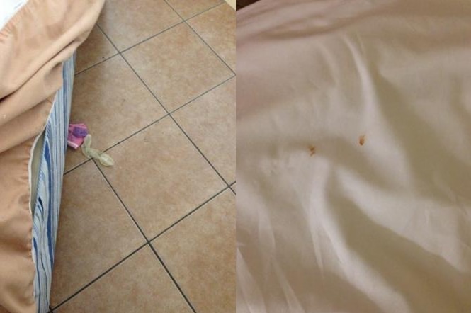 One reviewer posted photos showing a used condom and what appears to be blood on bedsheets.