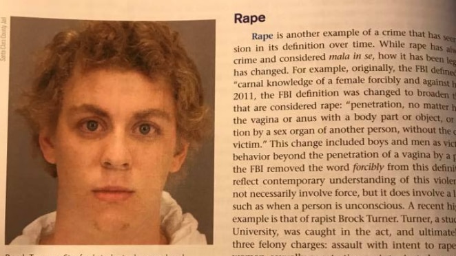 Brock Turner's picture is used in the Introduction to Criminal Justice textbook definition of rape