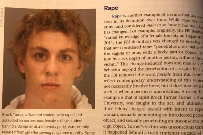 Brock Turner's picture is used in the Introduction to Criminal Justice textbook definition of rape