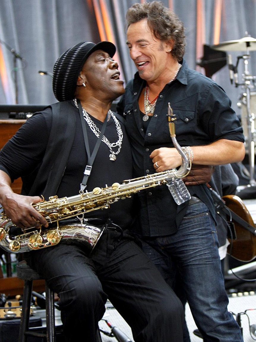Clarence Clemons grabs Bruce Springsteen during an appearance at the Today show