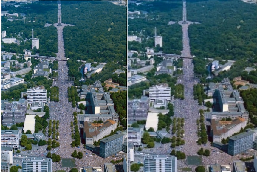 Two almost identical aerial photos of Berlin packed with people. The one on the right is part of a facebook post