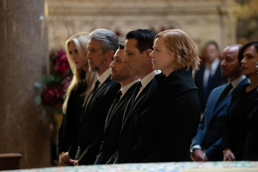 The Roy siblings at a funeral in season 4 of Succession