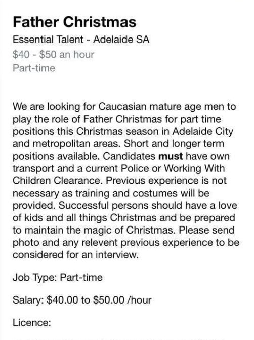 Indeed ad asking for Caucasian Santa only
