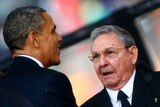 US president Barack Obama greets Cuban president Raul Castro