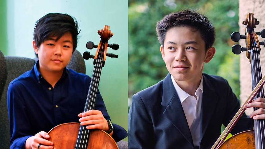 A combined photo featuring - Left: Waynne (Woo Seok) Kwon (cello), Right: Benett Tsai (cello) - both holding cellos.