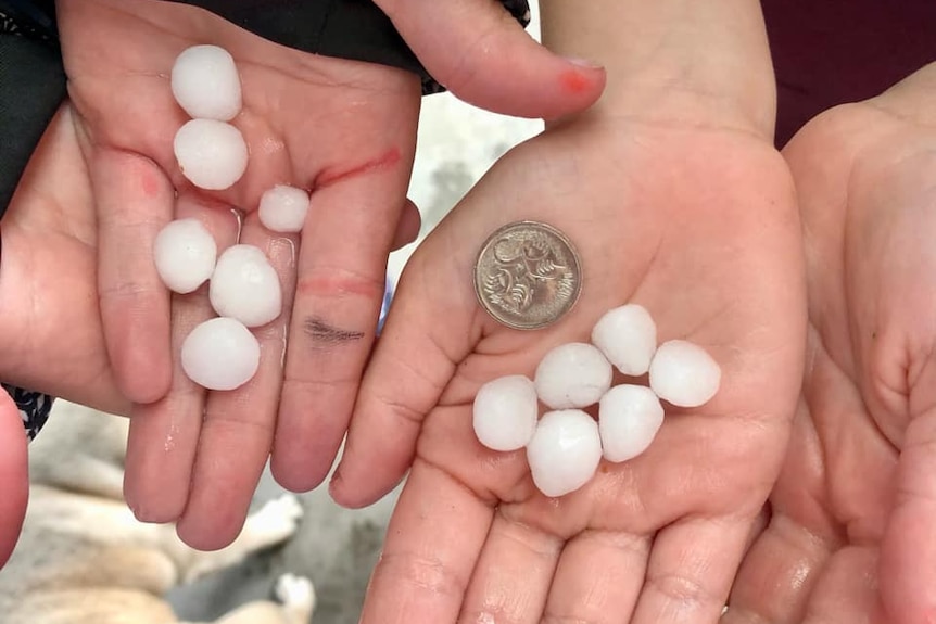 Two people hold hail in their hands.