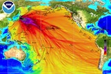 Maximum wave amplitudes: Filled colors show maximum computed tsunami amplitude in cm during 24 hours of wave propagation.