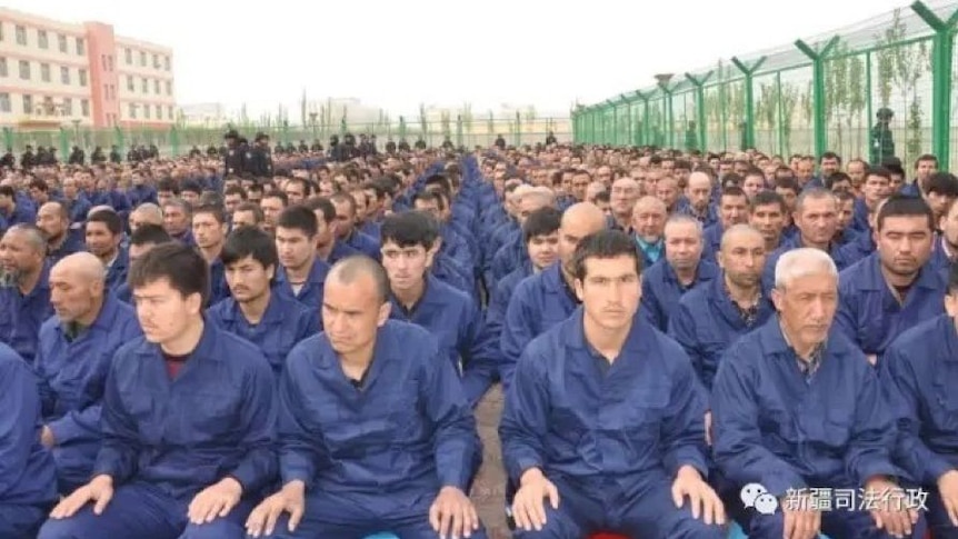 Lines of men sitting inside barbed wire wearing identical blue uniforms.