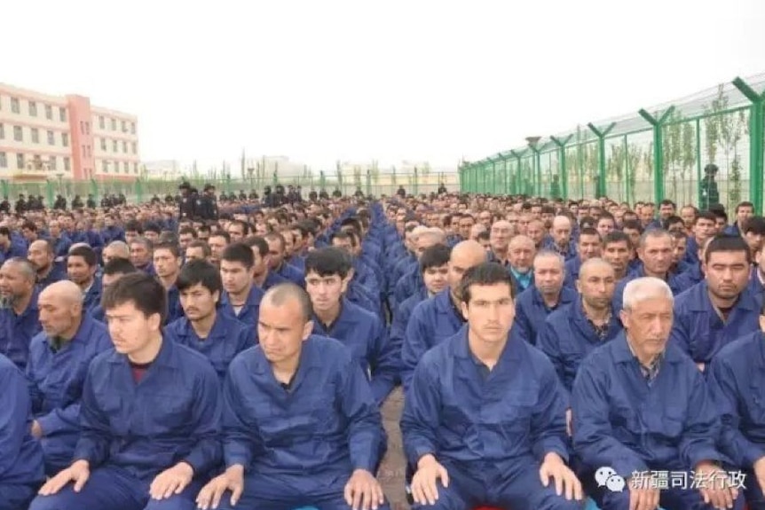 Lines of men sitting inside barbed wire wearing identical blue uniforms.