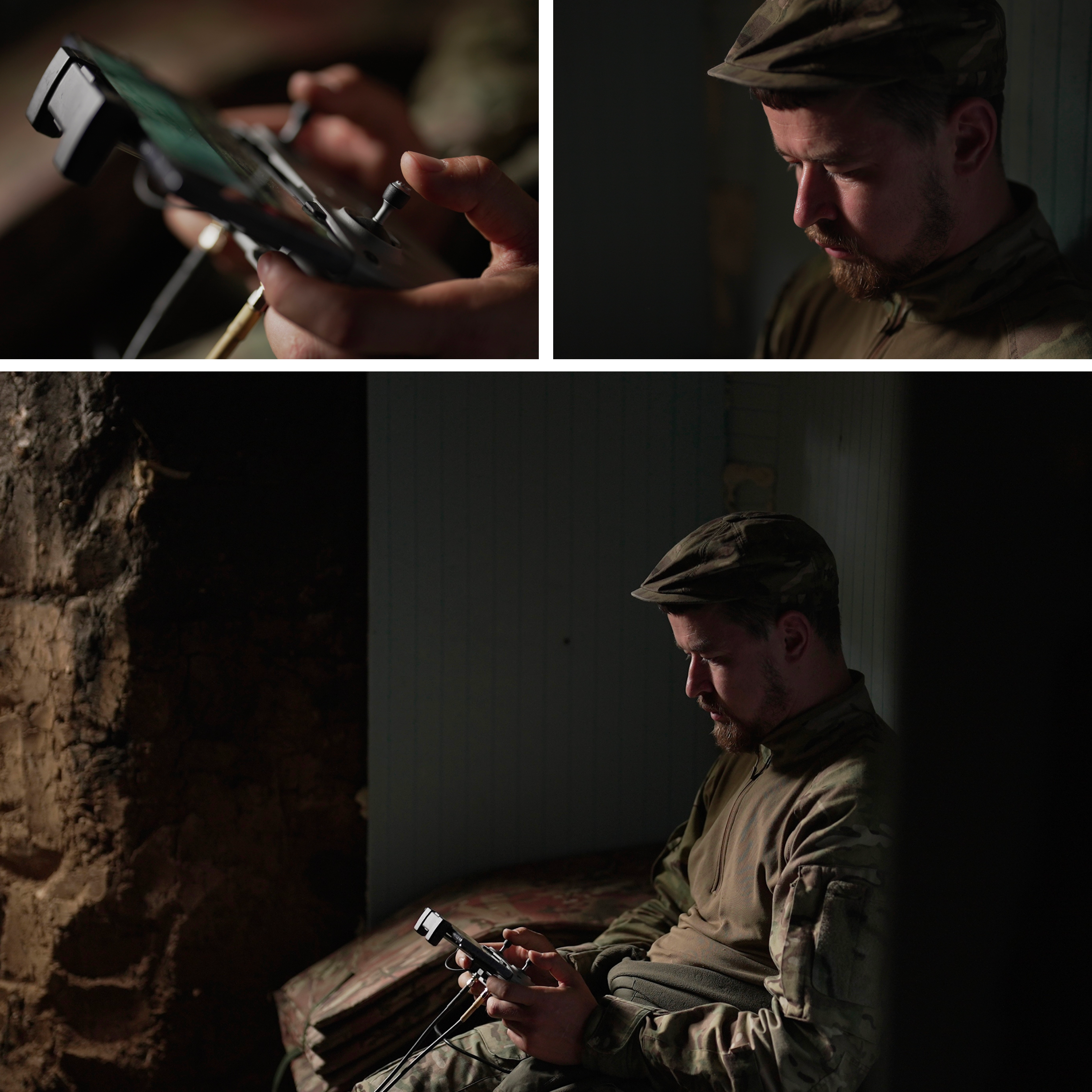 A grid of photos showing a man holding a controller in his hands and looking down