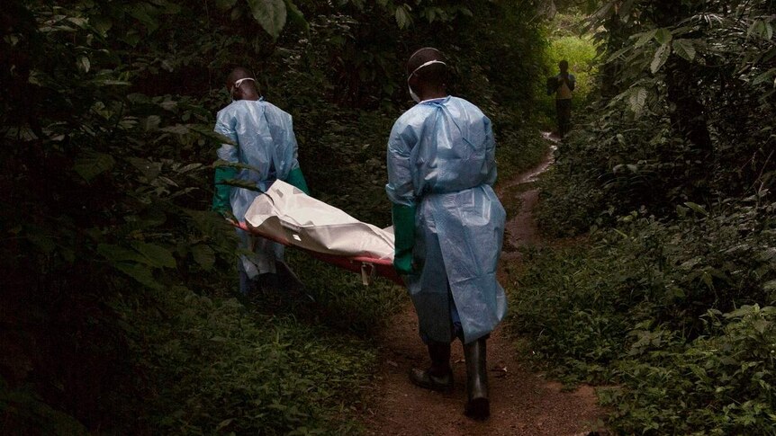 Two workers carry a body through the jungle