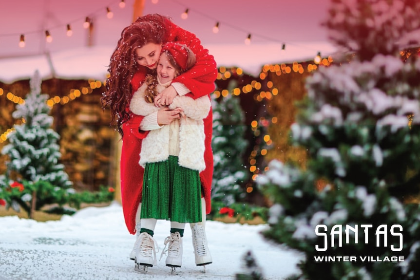 A toman in a red coat hugging a girl in a cardigan, ice skating, surrounded by christmas trees.
