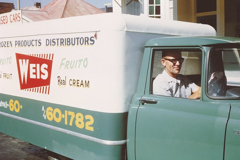 Off to do one of the first deliveries, 1957.