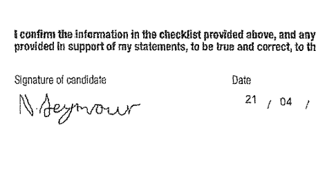 a form showing a signature for N seymour