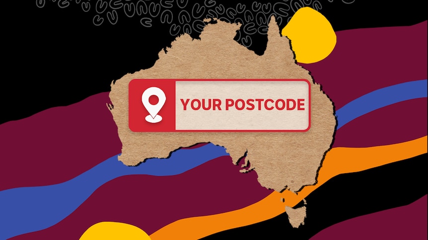 A red and white postcode rectangle sits on top of brown paper map of Australia and colourful background.