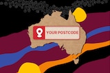 A red and white postcode rectangle sits on top of brown paper map of Australia and colourful background.