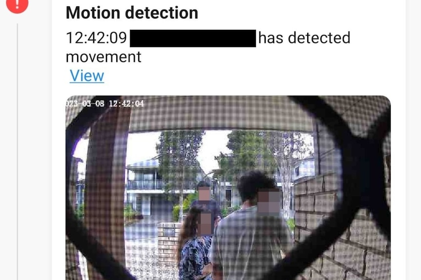 Photos from a motion detector show three people gathered on the doorstep of a rental property.