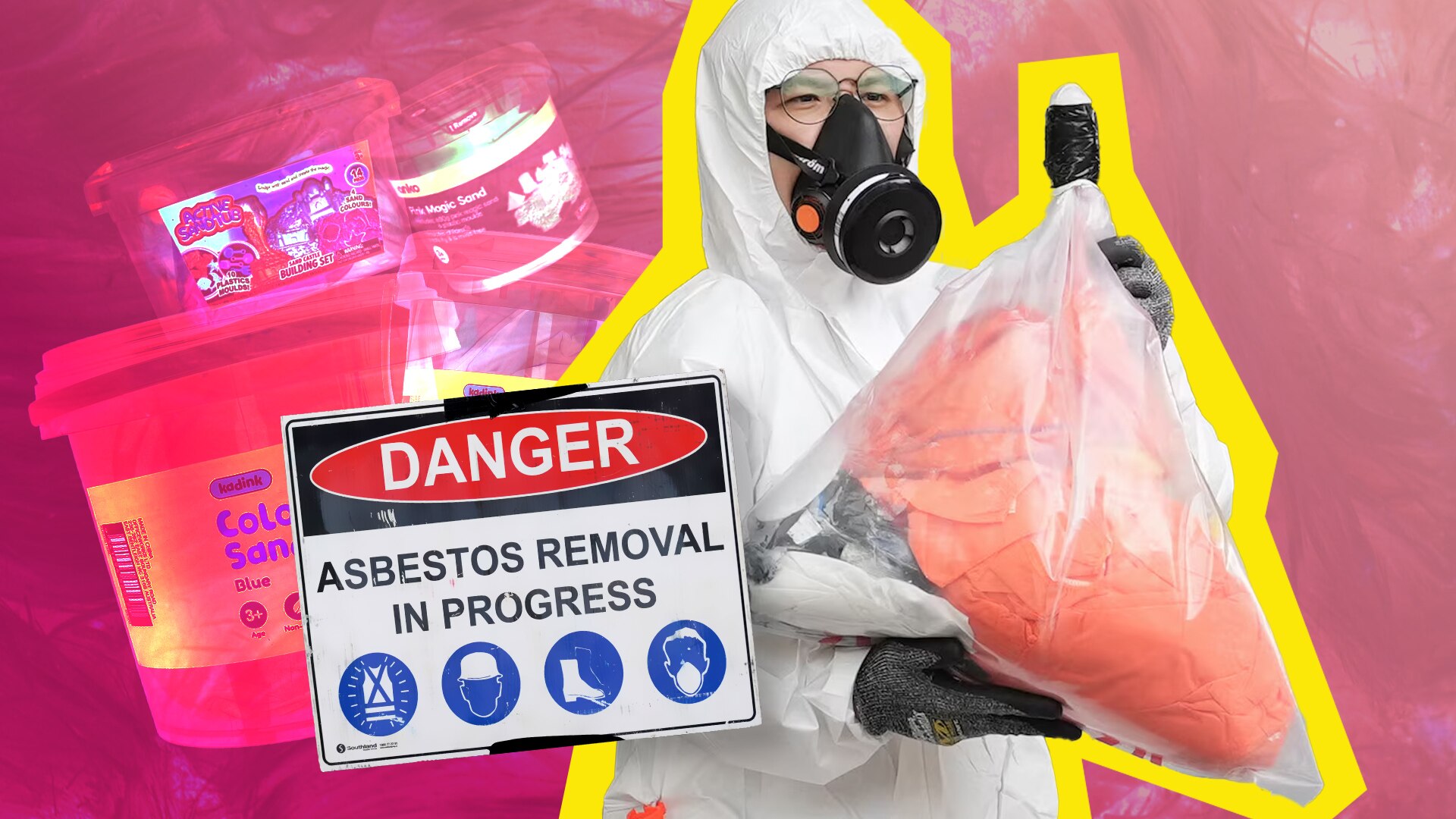 Someone in protective gear and full face mask carries bagged material away. Sign saying Danger, Asbestos Removal in Progress. 