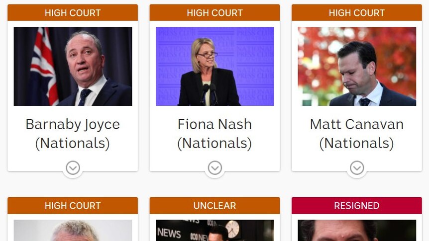 A screenshot shows some of the MPs affected by the dual citizenship scandal, including Barnaby Joyce, Fiona Nash, Scott Ludlam.