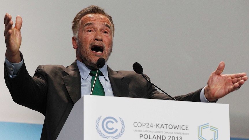 Actor Arnold Schwarzenegger delivers a speech during the opening of COP24 UN Climate Change Conference 2018