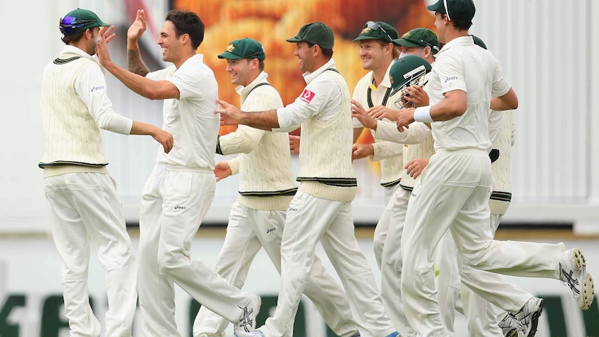 Back with a vengeance... Mitchell Johnson dismisses Dean Elgar for a duck.