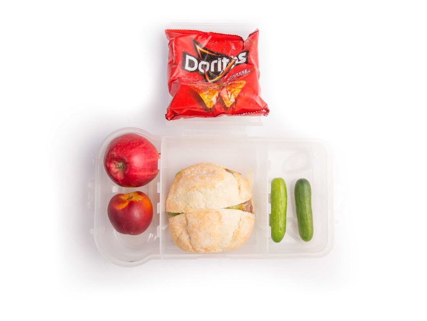 A beef, lettuce and relish roll, a packet of corn chips, two miniature cucumbers, a nectarine and an apple in a clear lunch box.