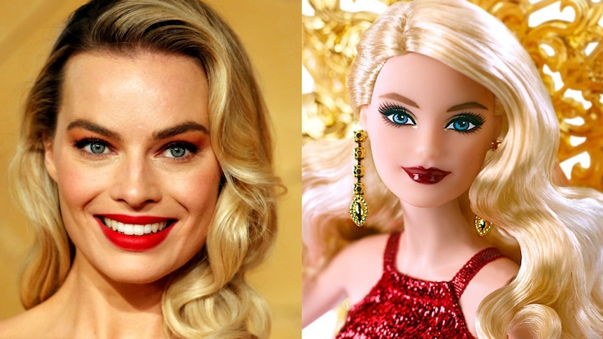 A close up of Margot Robbie's face placed beside a photo of a bardie doll