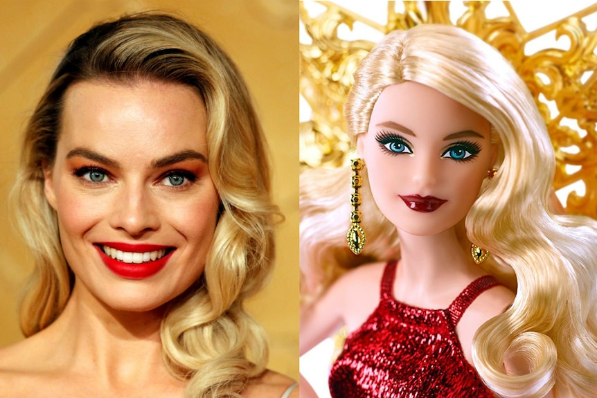 A close up of Margot Robbie's face placed beside a photo of a bardie doll