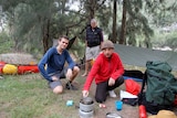Three environmental activists, Harry Burkitt, Jeff Cottrell and Gary Caganoff in  a riverside camp.