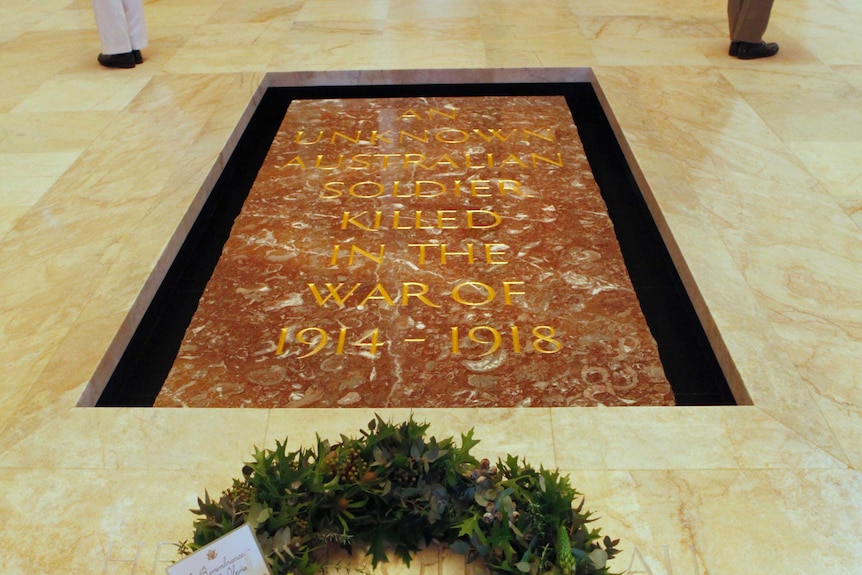 A wreath lays at the Tomb of the Unknown Soldier at the Australian War Memorial in Canberra.