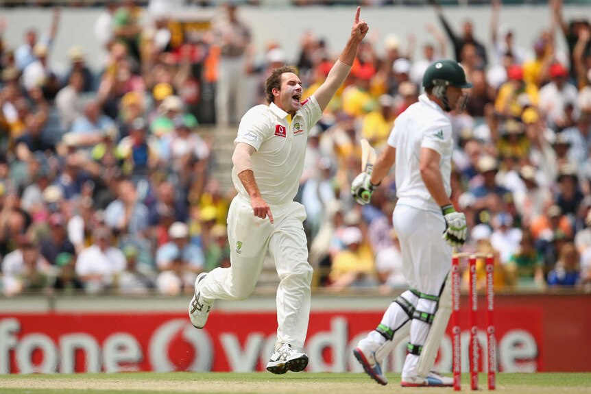Debut scalp... John Hastings celebrates the wicket of AB de Villiers.