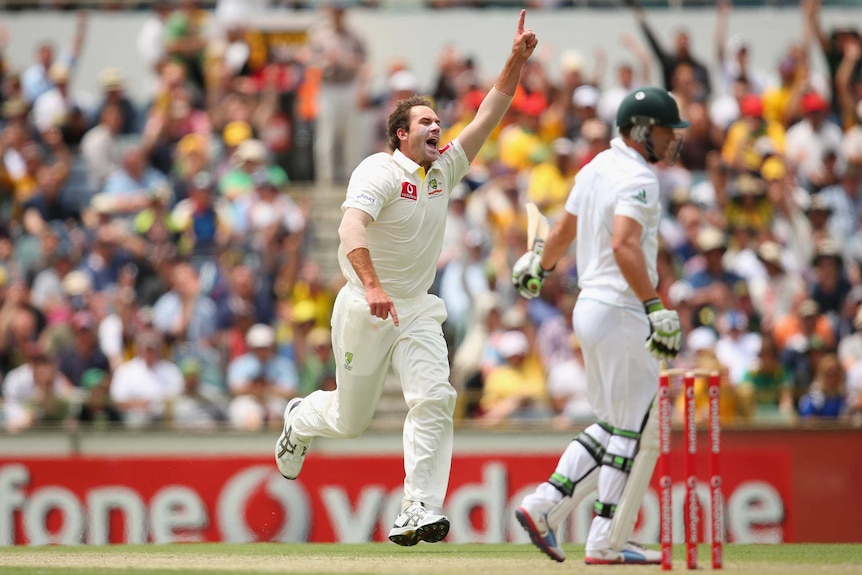 Debut scalp... John Hastings celebrates the wicket of AB de Villiers.