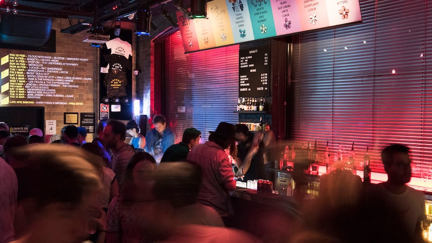 night club with patrons at a bar and neon signs