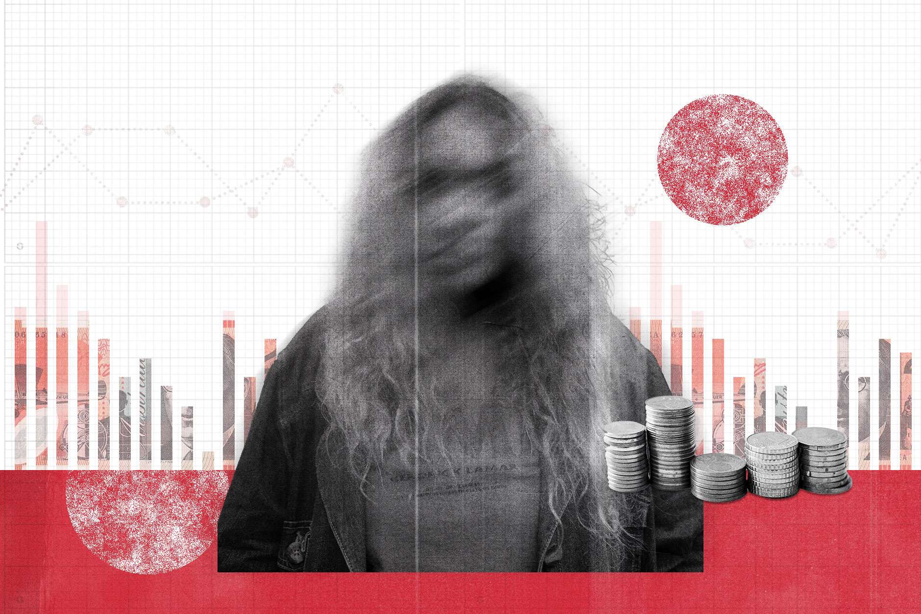 A collage of a woman with a blurred face in front of graphs and stacks of coins