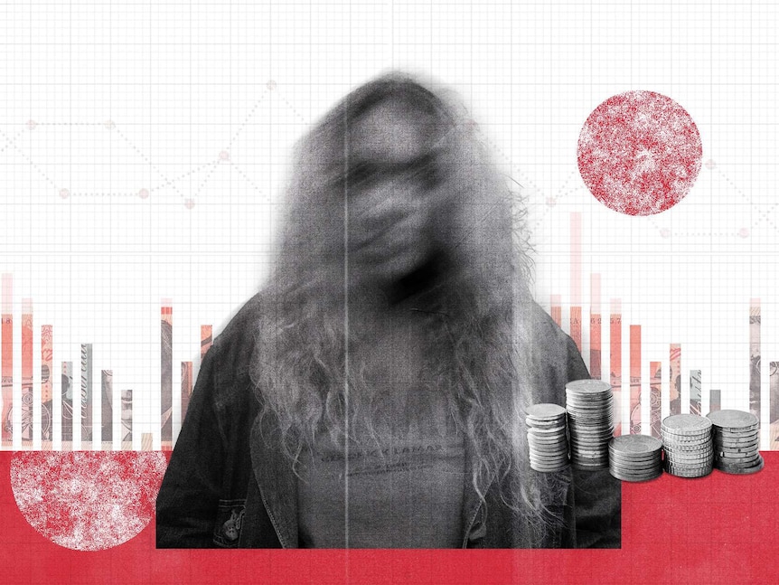 A collage of a woman with a blurred face in front of graphs and stacks of coins