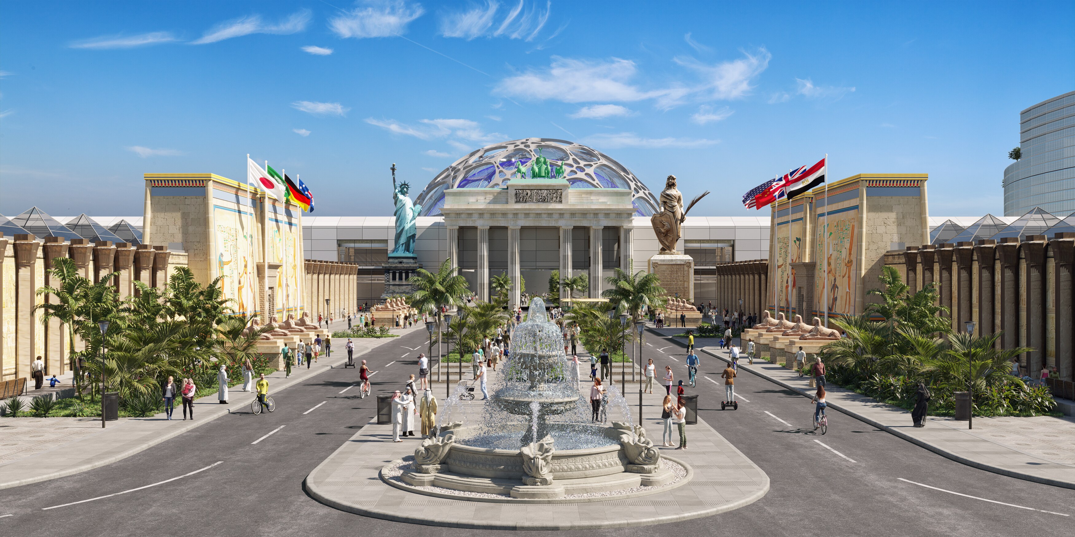 Impresión artística de la zona exterior con la Estatua de la Libertad.