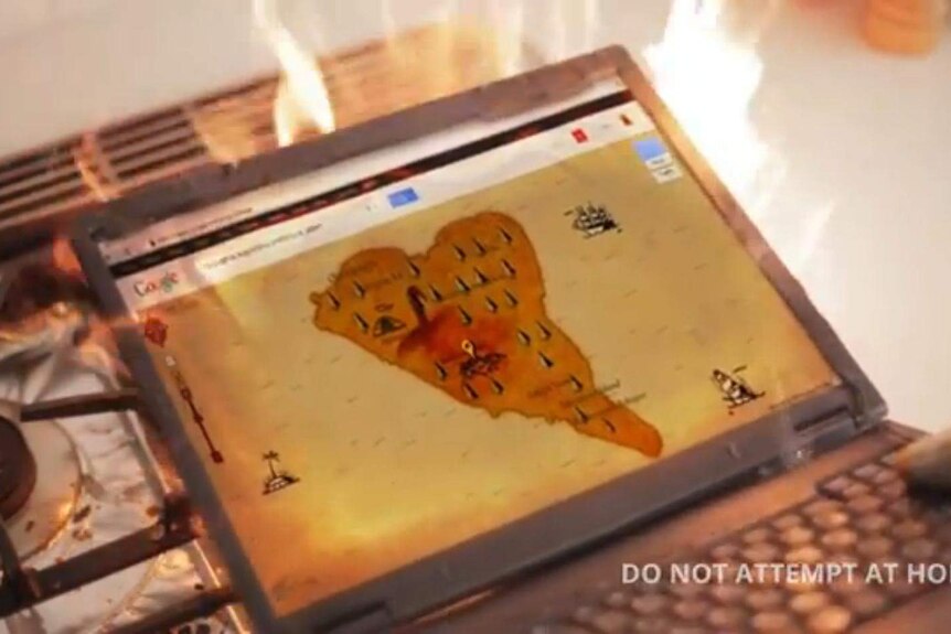 A screenshot of someone burning their laptop from a video produced by Google Maps for April Fools' Day 2013.