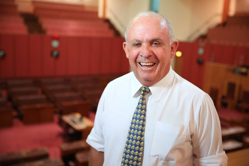 The Senator smiles at the camera as he stands in the public gallery overlooking the floor of the Senate