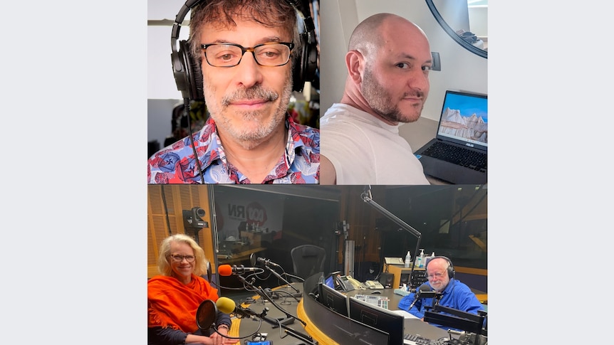 A tryptic of Laura Tingle and Phillip Adams in a radio studio, Bruce Shapiro in his office and Ian Dunt on a laptop in Greece