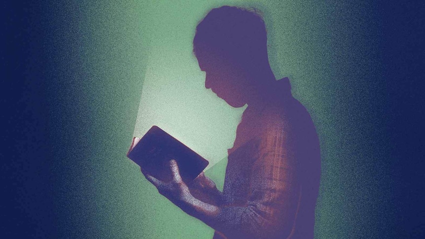 Illustration of a man staring into an illuminated book.