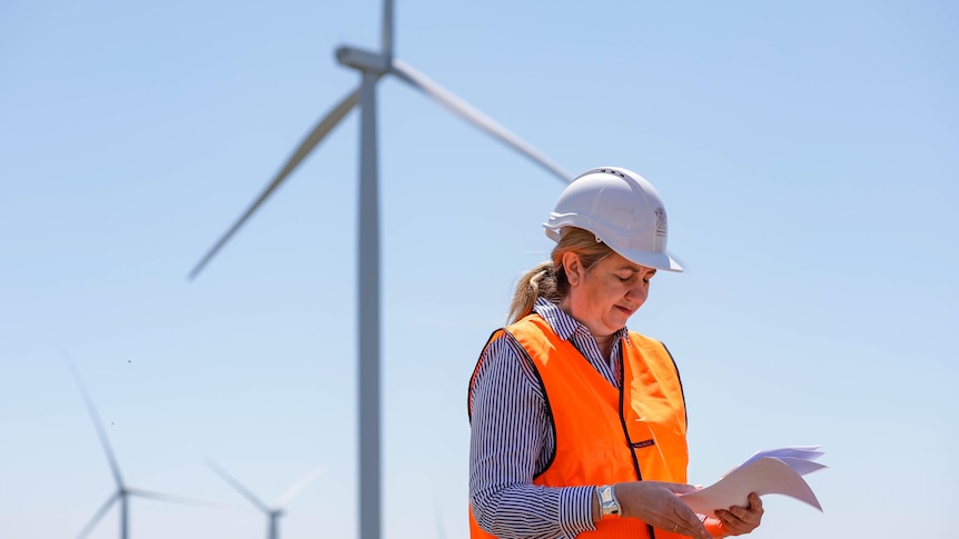 The premier in a hard hat and fluro vest looking down at papers with a wind turbine in the background.