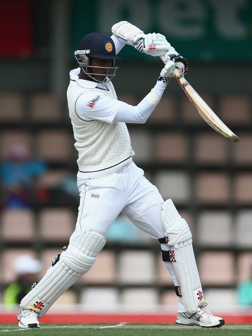 Staging a fight-back... Angelo Mathews bats on day three.