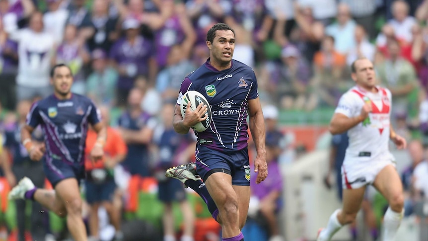 Storm centre Justin O'Neill scores a try for Melbourne against St George Illawarra in round one.