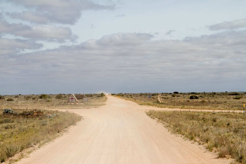 An intersection of two dirt roads surrounded by bush and scrub, with a car in the distance.
